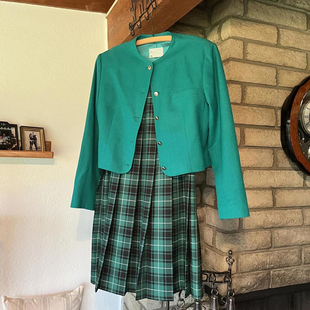 VINTAGE Green Wool Pendleton Jacket + Skirt Set